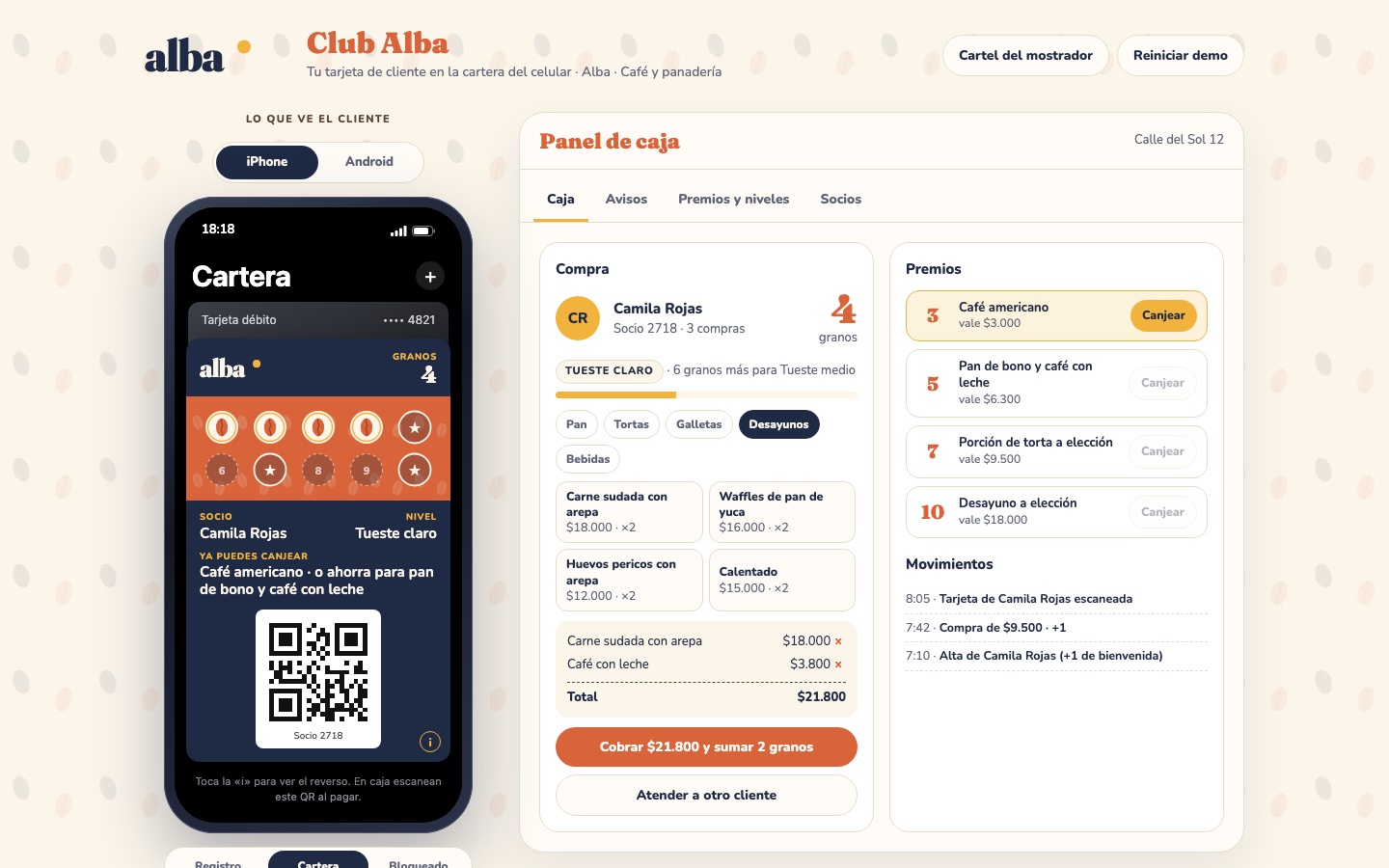 Demo de la tarjeta de cliente de Club Alba en el celular y en la caja
